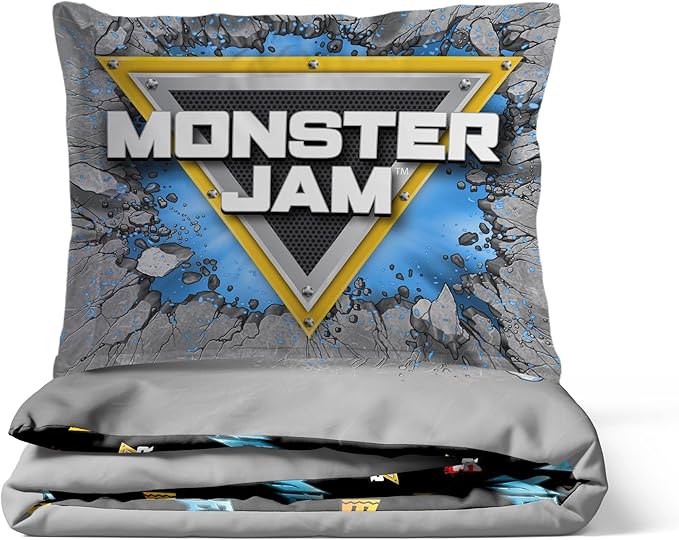 Jay Franco Duvet Cover Set – 2 Piece Comforter Cover and Sham Set, Super Soft Cozy Kids Bedding (Insert Not Included) Grey - Monster Jam, Twin