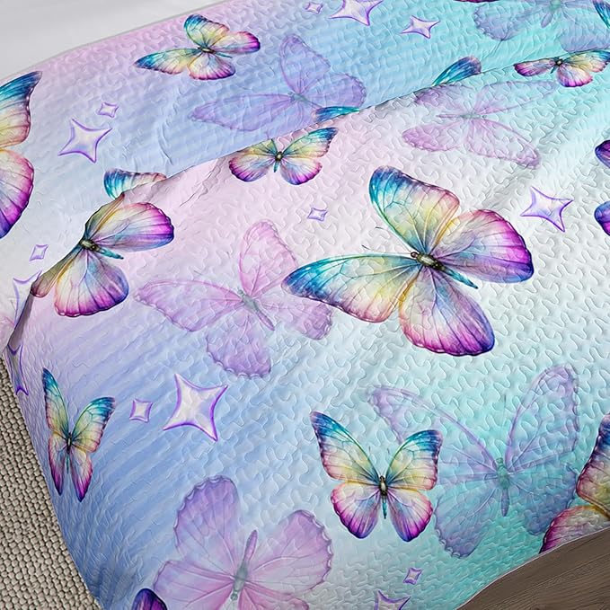 3-Piece Butterfly Quilt Set Full Size,Blue Butterfly Printed Bedding for Kids Teens Girls Room Decor,Soft Lightweight Quilted Quilt Sets with 2 Pillowcases.