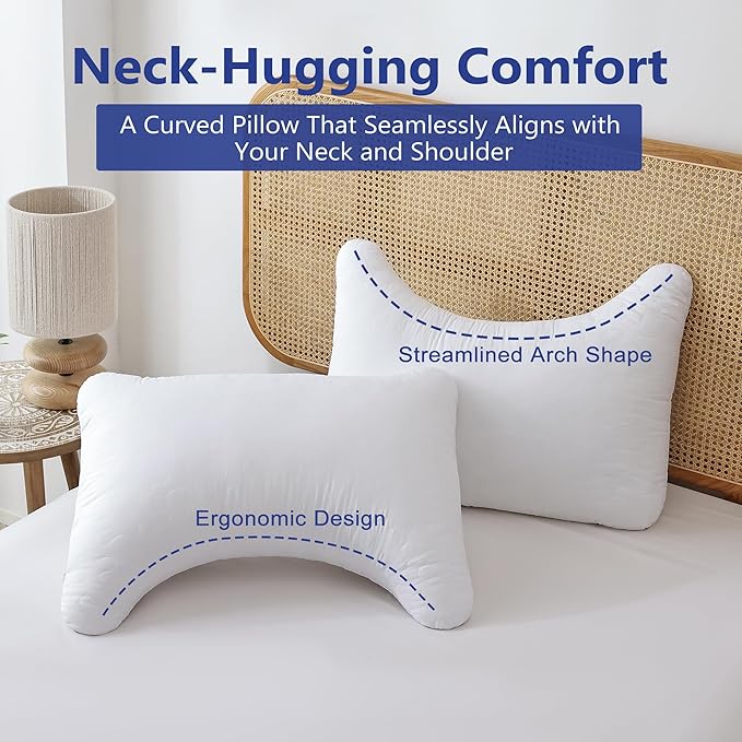 Shatex Neck Pillow Queen Size 28 x 20 inch, Curved Extra Firm Bed Pillow with Adjustable Insert Provides Stronger Support - for Back, Stomach & Side Sleepers