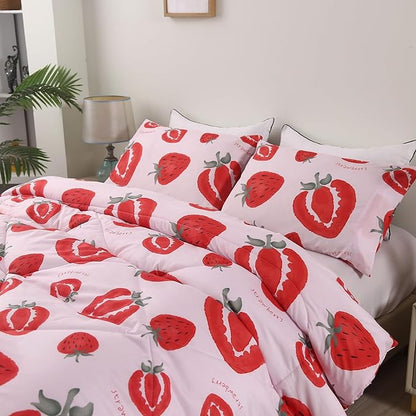 SDIII 3PCS Pink Strawberry Comforter Set Twin, Soft Microfiber Lightweight Pink Twin Comforter Set, Strawberry Bedding Quilt for Girls Boys Kids Teens