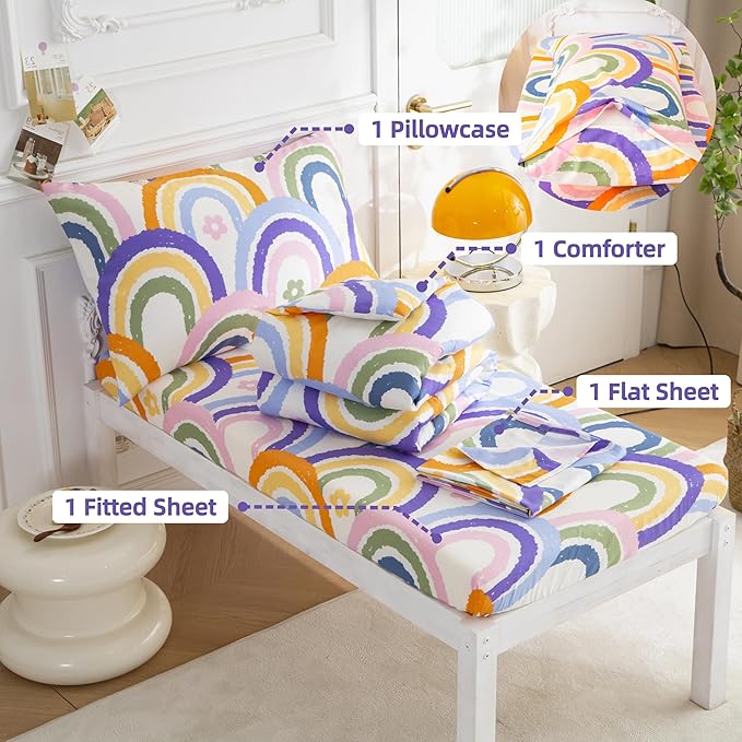SDIII 4 Piece Rainbow Toddler Bedding Set, Soft Microfiber Toddler Bed Princess Bedding Set with Comforter, Fitted Sheet, Flat Sheet and Pillowcase