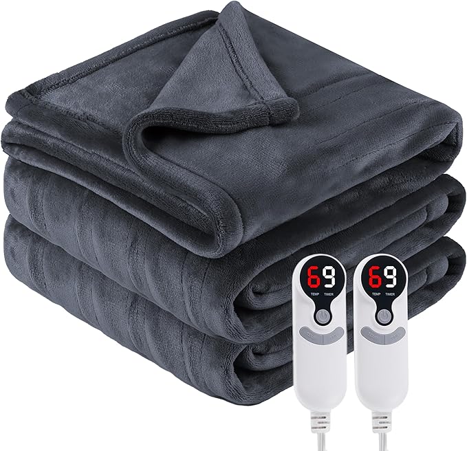 Electric Heated Blanket Queen Size 84"x90", Cozy Large Oversized, 6 Heating Levels & 1-10 Hours Auto Off, Machine Washable, Dark Gray