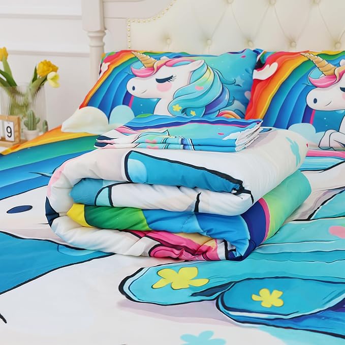 Unicorn Comforter Full Size Rainbow Bedding Set for Girls Kids Children Boys Teens Cartoon Unicorn Light Blue Quilt 1 Comforter + 2 Pillowcases