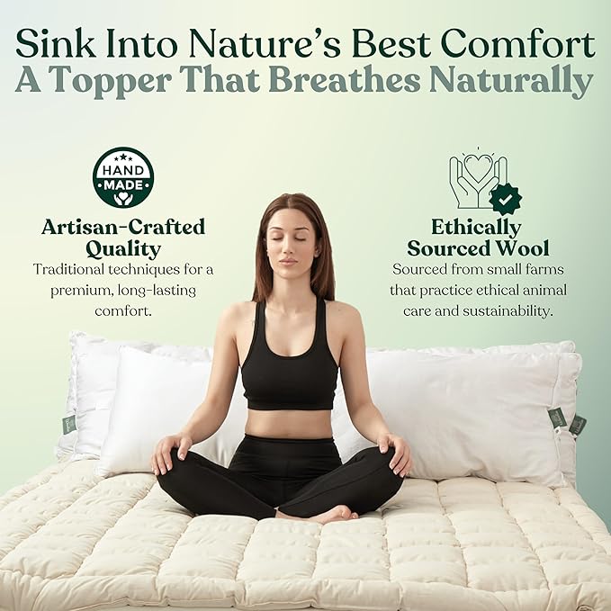 Organic Merino Wool Mattress Topper - Luxury Pillow Top Mattress Pad, Handmade, Non-Toxic, Cooling & Hypoallergenic, Natural Back Pain Relief, Sustainable Bedding (Queen)