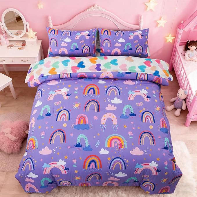 Holawakaka Boho Rainbow Full Comforter Set with Sheets, 5-Piece Bohemian Love Heart Star Bedding Set for Girls & Women -Super Soft Microfiber Kids Teen-girls Full Size Lavender Reversible Bed-in-a-Bag