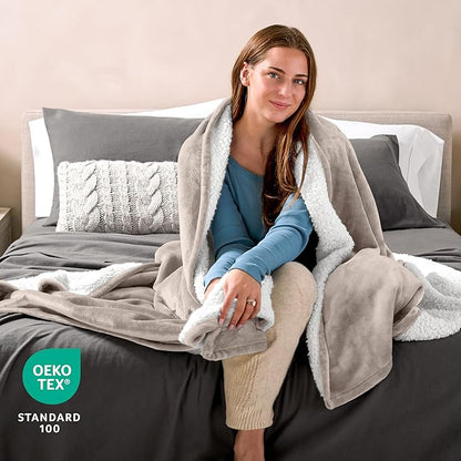 Bare Home Sherpa Fleece Blanket - Throw/Travel Size - Blanket for Bed, Sofa, and Couch - Warm & Lightweight - Fluffy & Soft - Reversible (Throw/Travel, Light Taupe)