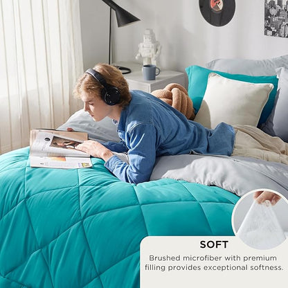 Bedsure Queen Comforter Set - 7 Pieces Reversible Teal Bedding, Queen Size Bed Set for All Seasons, Bed in a Bag with Down Alternative Comforter, Sheets, Pillowcases & Shams