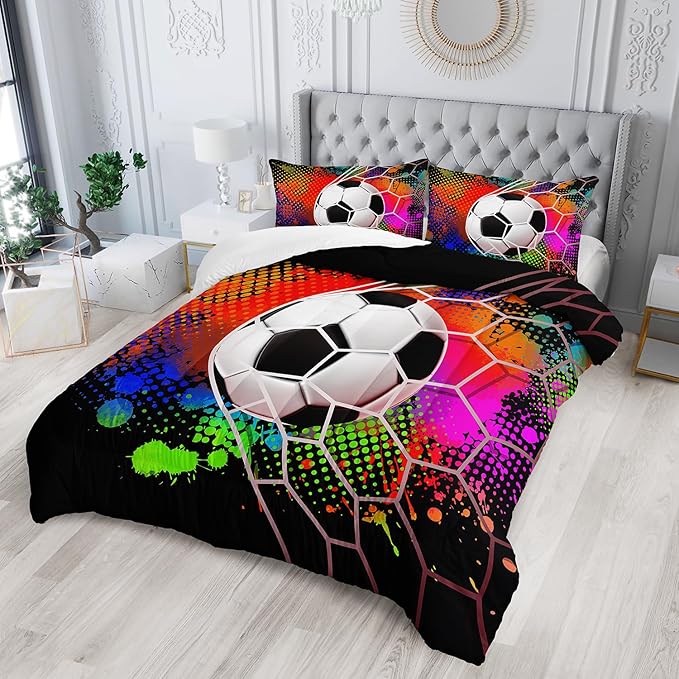 Colorful Soccer Themed Comforter 3Pcs Queen Gaming Football Net Bedding Set for Kid Teen Girl Boy Adult Ball Sports Games Graffiti Football Quilt Room Decor with 1 Comforter and 2 Pillowcases