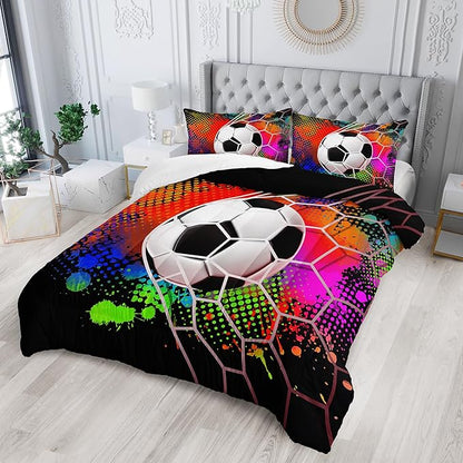Colorful Soccer Themed Comforter 3Pcs Full Gaming Football Net Bedding Set for Kid Teen Girl Boy Adult Ball Sports Games Graffiti Football Quilt Room Decor with 1 Comforter and 2 Pillowcases