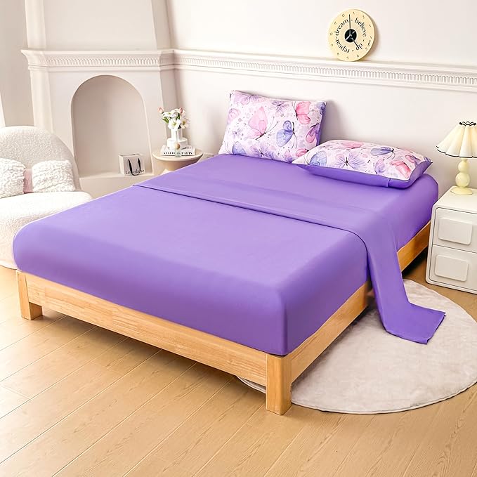 MWMWMW Butterfly Girls Comforter Set Twin, Pink Purple Butterflies Printed Pattern Bedding Set, 5 Pcs Cute Butterfly Bedding Set for Girls Teens Kids Bedroom with Comforter, Sheet Set, Pillowcase