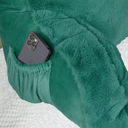 Plush Faux Fur Backrest Reading Bed Rest Pillow with Arms and Pockets for Sitting in Bed Couch Sofa, Back Support Wedge Cushion with Removable Cover, 20" x 18" x 17", Teal Green