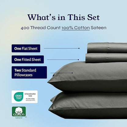 California Design Den Natural 100% Cotton Sheets, Full Size Sheets Set, 400 Thread Count Sateen Bedding, Deep Pockets with All-Around Elastic for a Snug Fit, Durable Bed Set - Grey
