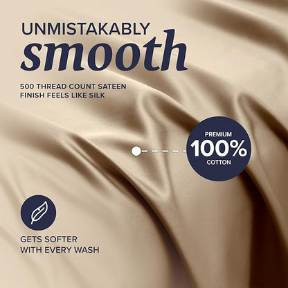 Beckham Hotel Collection Full Sheet Set 100% Cotton, 500TC Luxury Sateen Bedding, 16” Deep Pocket, Moisture-Wicking, 4-Piece, Sand