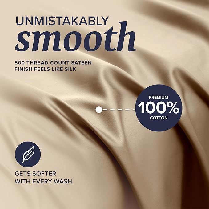 Beckham Hotel Collection Queen Sheet Set 100% Cotton, 500TC Luxury Sateen Bedding, 16” Deep Pocket, Moisture-Wicking, 4-Piece, Sand