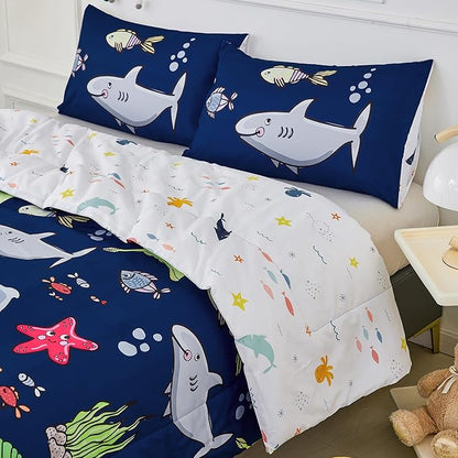 RYNGHIPY Kids Bedding Set for Queen Bed Reversible Ocean Animals Print Comforter Set for Boys Girls Easy-Wash Super Soft Microfiber Bed Set (Navy Ocean,Queen)