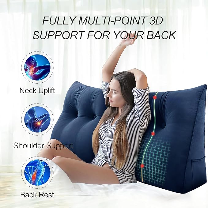 WOWMAX 100% Cotton Velvet Headboard Pillow – Queen Size Wedge Back Support Reading Bolster for Bed & Daybed, Handmade Firm Support Cushion with Removable Cover, Soft Luxury Bed Rest Pillow, Deep Blue