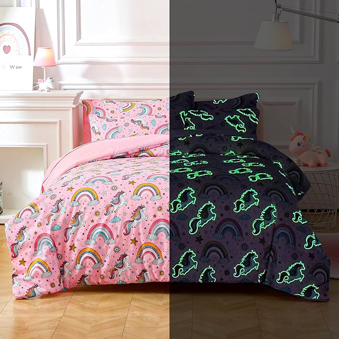 Glow in The Dark Kids Comforter Set， 4 Pieces Pink Unicorn Bedding Set Full Size for Boys Girls Teen, 1 Comforter, 1 Pillowcase, 2 Pillow Shams