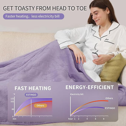 ESTINGO Electric Heating Blanket Full Size, Heated Electric Blanket with 6 Heating Levels & 1-10 Hours Auto Off, Washable Plush Heated Blanket for Bed Camping Office 72" x 84", Lavender Violet