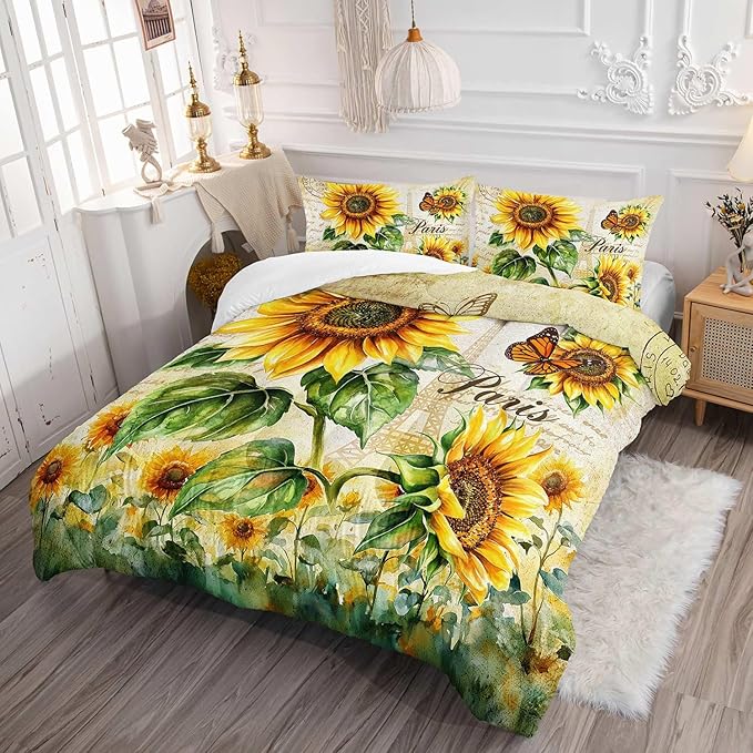 Yellow Sunflowers Comforter 3Pcs Twin Butterfly Rustic Floral Pattern Bedding Set for Kid Teen Girl Boy Adult Room Decor Paris Eiffel Tower Postmark Quilt with 1 Comforter and 2 Pillowcases