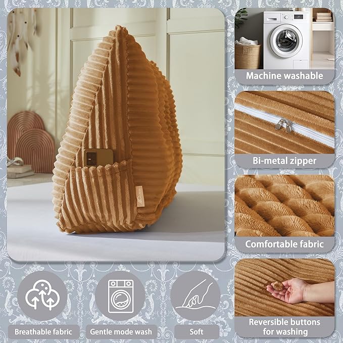 Headboard Wedge Pillow + A Long Neck Roll Pillow Body Pillow，Large Headboard Pillow with Removable Cover (Brown, Queen：59x8x20 inches)