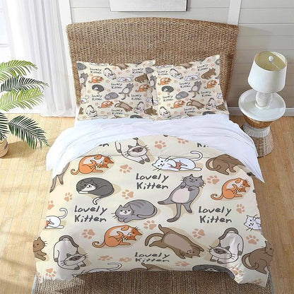Cute Cat Theme 3 Pieces Duvet Cover Comforter Set with 2 Pillowcase Full Size Cat Puppy Bed Sheet Quilt Bedroom Bedding for Lover Kids