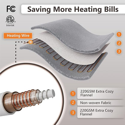 Wapaneus Foot Pocket Heated Blanket Electric Throw with 10 Heating Levels and Auto Shut Off,Flannel Fast-Heating Heated Throw 50" x 60",ETL Listed Machine Washable,Dark Brown
