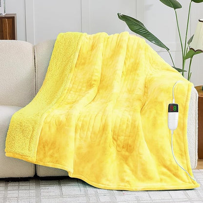 greenoak Heated Electric Blanket Throw, Faux Fur Sherpa Heating Blanket for Sofa Bed, Warm Winter Gifts for Women/Adults, Heater Lap Blankets 5-Position Timer &10 Heating Levels 50''*60" Lemon