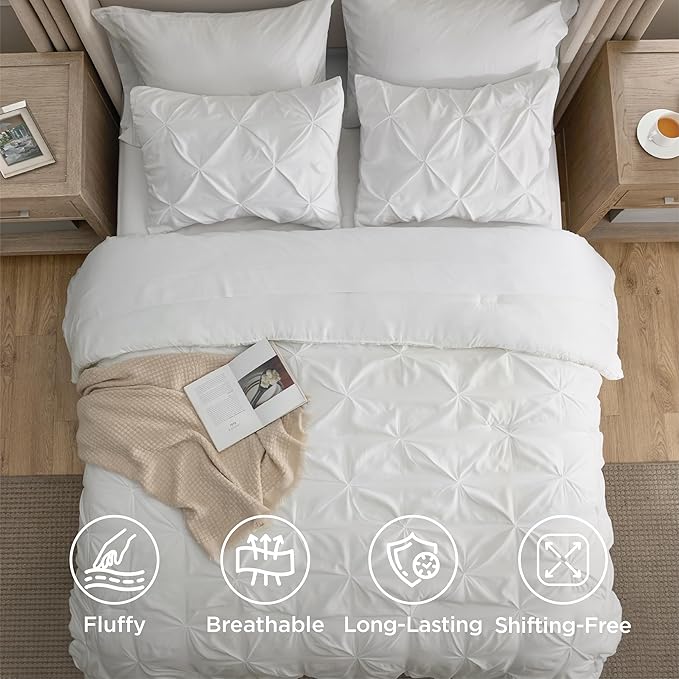 Bedsure Queen Comforter Set White - Bed in a Bag Queen Size Bedding 7 Pieces, GentleSoft™ Pintuck Bed Set Gift for Family, Pinch Pleat All Season Comforter with Sheets, Pillowcases & Shams