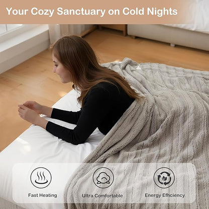 Electric Heated Blanket Throw Size 50" x 60", Super Cozy Warmth Soft with 4 Heating Levels & 10 Hours Auto Off, Plush Faux Fur, Machine Washable, Home Office Use,Light Brown
