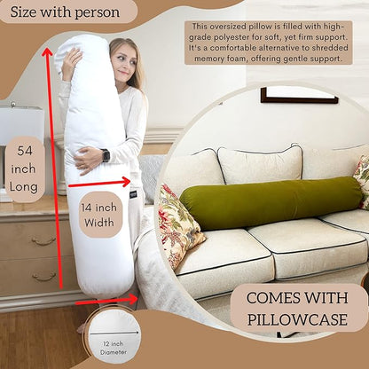 King Size Extra Long Round Body Pillow - 54x12 Bolster Pillow for Bed Extra Soft Body Pillow with Removable Pillowcase, Maternity Pillow - Green