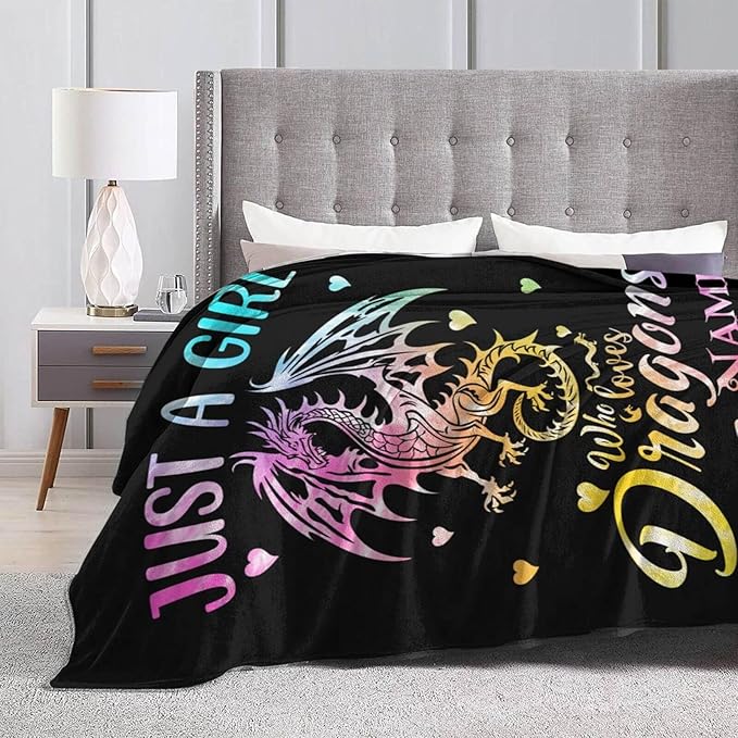 Custom Dragon Blanket with Name for Boys Girls, Personalized Cute Dragon Themed Design Printed Throw Blankets for Kids Lap, Chair Sofa, Giftable Blanket, 40"x 50"