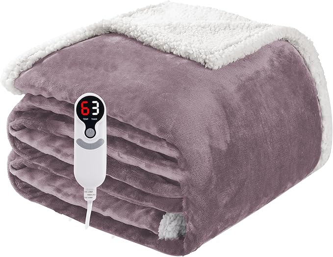 Electric Heated Blanket Twin Size 62"x84", Soft Flannel with Overheat Protection, 6 Adjustable Heat Settings & 10-Hour Auto-Off Timer, Fast Heating for Winter Comfort, Purple