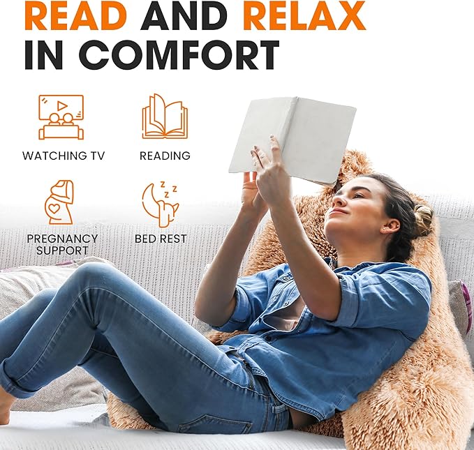 Cheer Collection Fluffy Reading Pillow Chair - Shaggy Hair Chair Pillow with Arms for Bed & Couch, Taupe