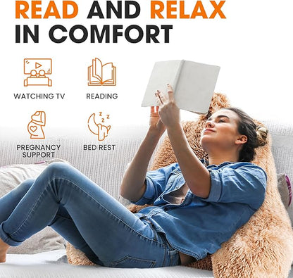 Cheer Collection Fluffy Reading Pillow Chair - Shaggy Hair Chair Pillow with Arms for Bed & Couch, Taupe