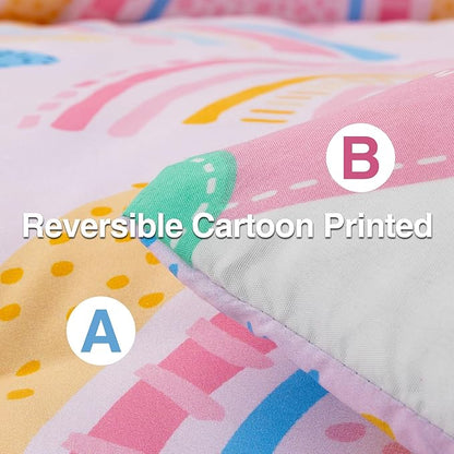 A Nice Night Lightweight Soft Cartoon Rainbow 6Pcs Twin Comforter Sets, Love Hearts Printed Bedding Set for Boys Girls,Pink