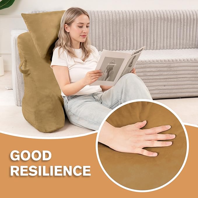 Portable Reading Pillows with Headrest for Bed Sitting Up(Camel Oeko-Tex), Velvet Back Pillow with Arms & Pockets for Adults, Support Memory Foam Bed Pillow for Dorm/Reading/Watching/Gaming