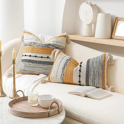 BlissBlush Yellow Mustard Decorative Throw Pillow Cover 18x18 Square Boho Accent Pillowcase Tassels Farmhouse Cushion for Couch Sofa Bedroom Living Room Home Décor Cover ONLY