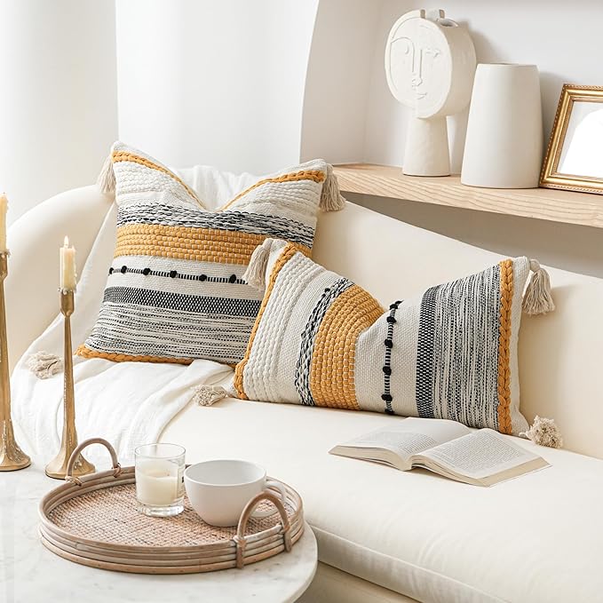 BlissBlush Boho Decorative Throw Pillow Cover 22x22 Square Yellow Mustard Accent Pillowcase Tassels Farmhouse Cushion for Couch Sofa Bedroom Living Room Home Décor Cover ONLY (Pack of 1)