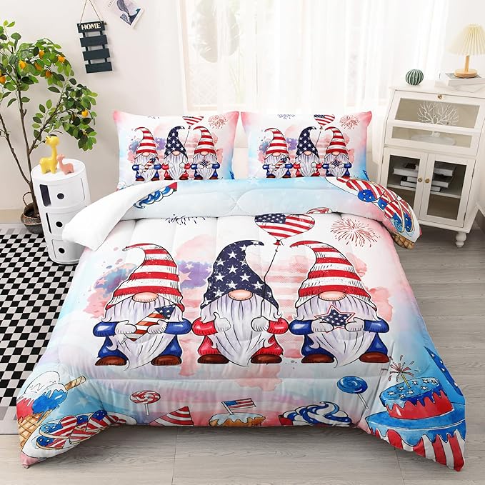 Gnome Bedding Set for Kids Boys Girls, American Flag Comforter Set Full Size for Festival Celebration, Red Blue Star Quilt with 2 Pillowcases