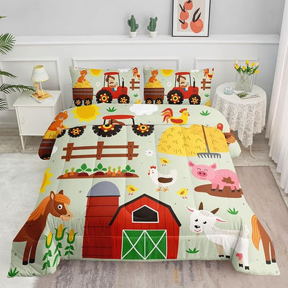Kids Comforter Set Farm Theme Printed Pattern Bedding Set with 1 Comforter and 2 Pillowcases for Girls Boys Bedroom All Season(Farm Theme02 Queen)