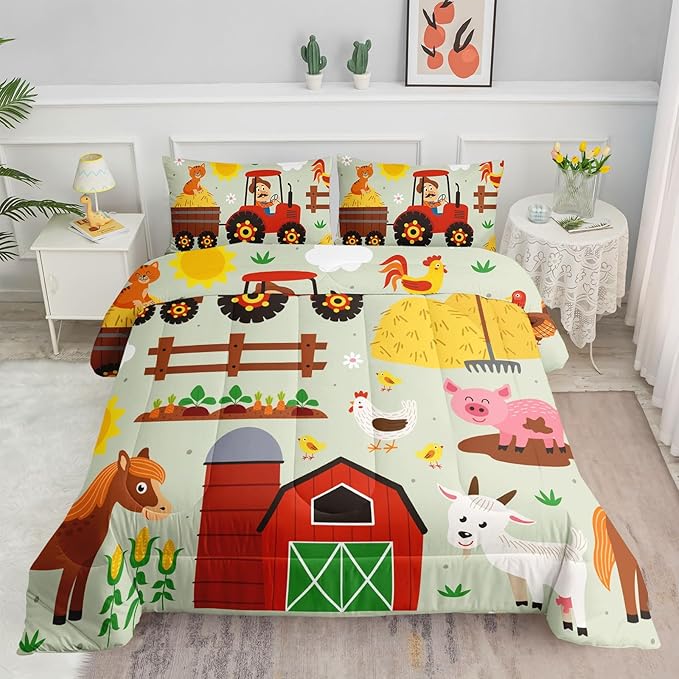 Kids Comforter Set Farm Theme Printed Pattern Bedding Set with 1 Comforter and 2 Pillowcases for Girls Boys Bedroom All Season(Farm Theme02 Twin)
