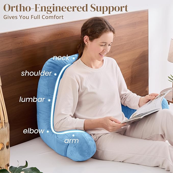 Sasttie Reading Pillow for Bed - 23 Inch, Back Pillow for Bed Sitting Up, Back-Rest Support Cushion with Side Pockets and Arms, Dorm Essentials, Oeko-Tex Certified, Blue