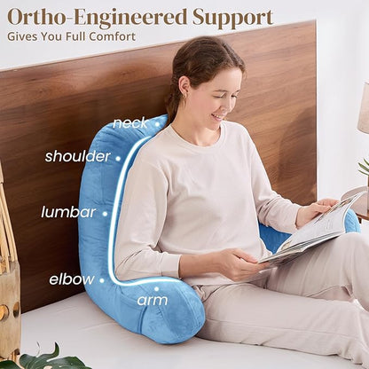 Sasttie Reading Pillow for Bed - 23 Inch, Back Pillow for Bed Sitting Up, Back-Rest Support Cushion with Side Pockets and Arms, Dorm Essentials, Oeko-Tex Certified, Blue
