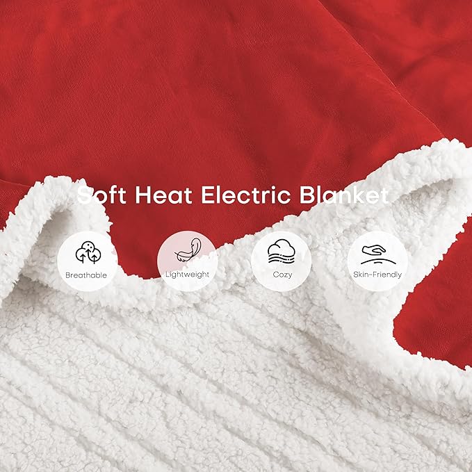 Electric Heated Blanket Twin Size 62"x84" - Dual-Sided with Microplush & Sherpa Fabric, 4 Heat Settings & 10 Hours Auto Off, Machine Washable - Red