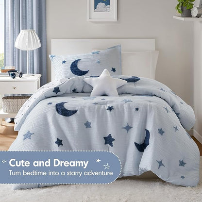 Intelligent Design Kids Cosmos Twin Size Comforter Set – Blue Star and Moon Tufted Chenille, Reversible 3-Piece Bedding with Star Pillow