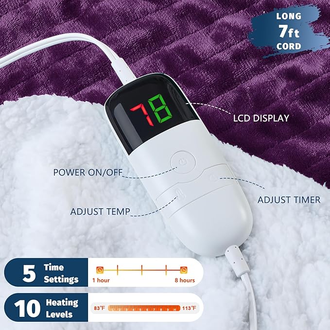BOMOVA Heated Electric Throw Blanket - 50" x 60" Heating Blanket with 10 Heating Levels & 8 Hours Auto Off, Warm Flannel Blanket, Christmas Birthday Gifts for Women