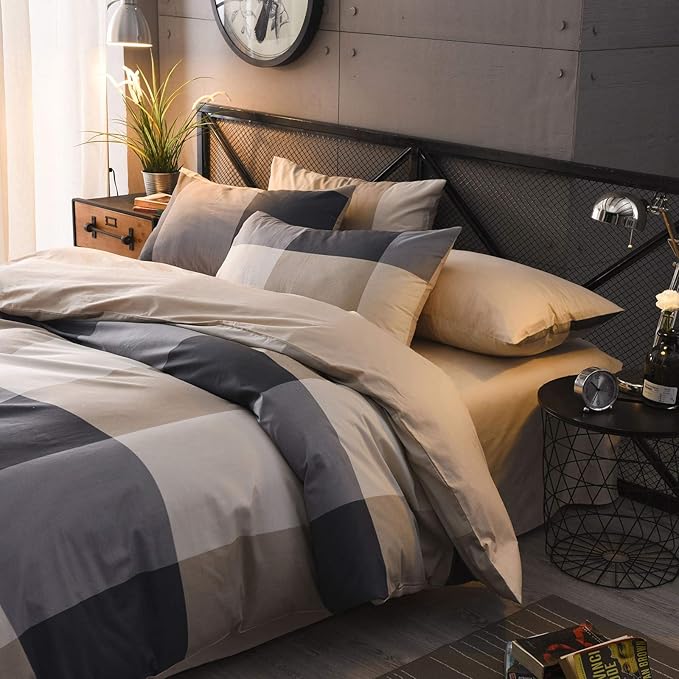 Buffalo Plaid Duvet Cover King, 100% Cotton Check Geometric Bedding 3pc Set, Grey Hotel Quality Gingham Plaid Print Nordic Style Reversible Solid Color Duvet Cover with Zipper Closure (NO Comforter)