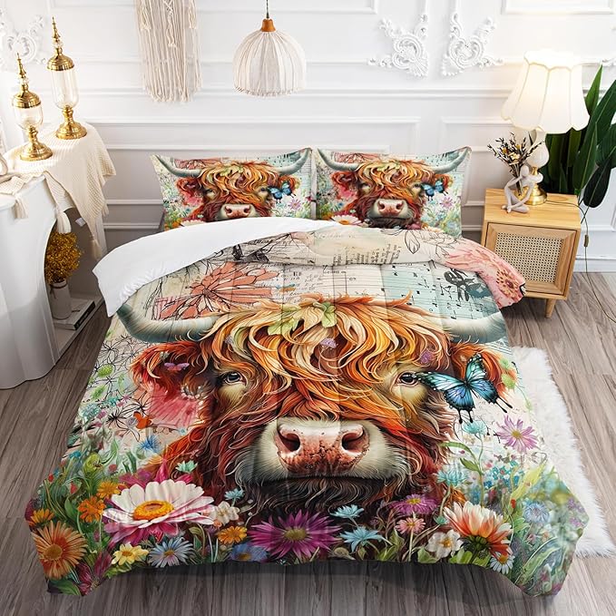 Cow Bedding Funny Animal Themed Comforter 3Pcs Twin Colorful Flower Cattle Print Comforter Set for Kids Teens Girls Boys Butterfly Bedroom Bed Decor with 1 Comforter and 2 Pillowcases