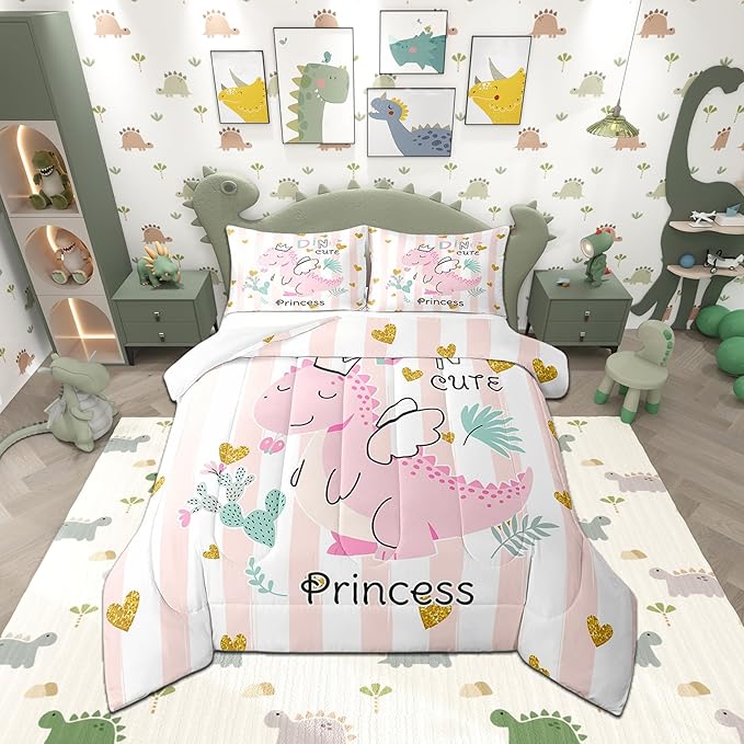 Castle Fairy Pink Dino Comforter Set Queen Size,Kawaii Cute Dinosaur Princess Bedding Set for Women Adult,Cartoon Animal Girly Heart Stripes Luxury Bed Duvet Insert, 2 Pillowcases