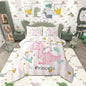Castle Fairy Pink Dino Comforter Set Queen Size,Kawaii Cute Dinosaur Princess Bedding Set for Women Adult,Cartoon Animal Girly Heart Stripes Luxury Bed Duvet Insert, 2 Pillowcases